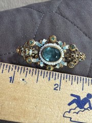 Antique Signed Czechoslov White Beads Enamel Brooch Blue Glass Stone Pin