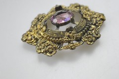 Vintage Brooch Czech Style Brass Floral large Glass Stone wear rehab T14