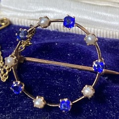 Antique Victorian 14ct Gold Simulated Sapphire&Seed Pearl Brooch w/safety chain