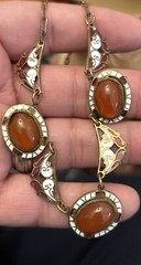 Vintage Czech Brass Gold Tone Carnelian? Cabochon Necklace Enamel