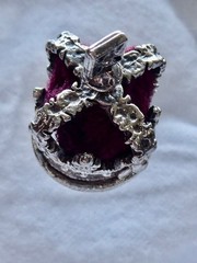 VINTAGE SILVER PLATE CROWN CHARM RED MATERIAL & SILVER 1 1/8″ MINIATURE CROWN