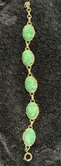 Vintage Faux Jade Scarab Oval Bracelet Gold Tone Green Bezel Set 5 Gemstones