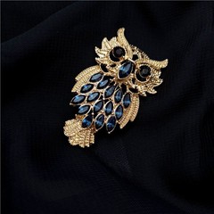 Blue Rhinestone Owl Vintage Brooch Gold Tone Animal Pin Cute Owl Pin
