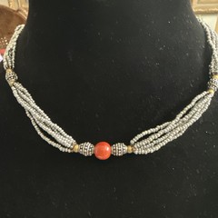VTG Czech Republic Glass Seed Bead Necklace 16” Silver Button Loop Clasp