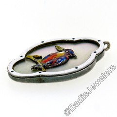 Antique .925 Sterling Silver Enamel Bird Mother of Pearl Quatrefoil Pendant RARE