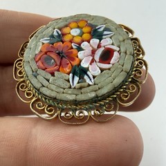 Vintage Micro Mosaic Floral Green Yellow Red Round Brooch Pin Italy