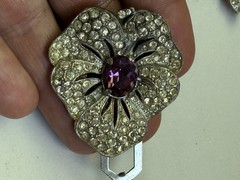 Lot 7 Antique Rhinestone Pavé Art Deco Dress Clips, Buckle, Sapphire Blue Purple