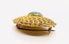 Italy Shiny Gold Plated Rope Twist Turquoise Glass Brooch Signed Vintage Jewelry