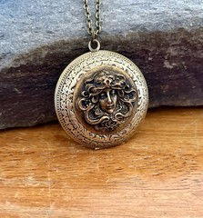 Vintage Goddess Lady w/ Headpiece Locket Necklace, Art Nouveau Victorian Pendant