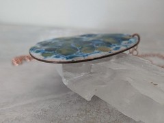 Vintage Enamel on Copper Turquoise Pendant Necklace, Mid Century Modern, 2.5″