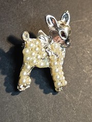 Vintage Deer Brooch Seed Pearls Silver Tone Red Crystal Eye