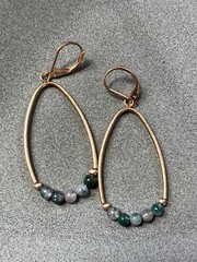 Estate Brushed Goldtone Tubular Ovals w Tiny Faux Green Stone Beads Dangle Ear