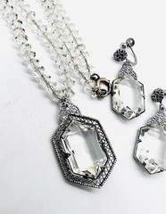 Art Deco Faceted Glass Rhodium Filigree Necklace & Earrings Vintage Jewelry