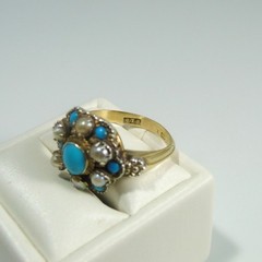 Antique Victorian 14k Gold Ring w Persian Turquoise and Seed Pearls size 6.75
