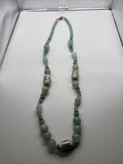 Vintage Chinese Hand-Painted Porcelain and Green Jade Beaded 34”Necklace