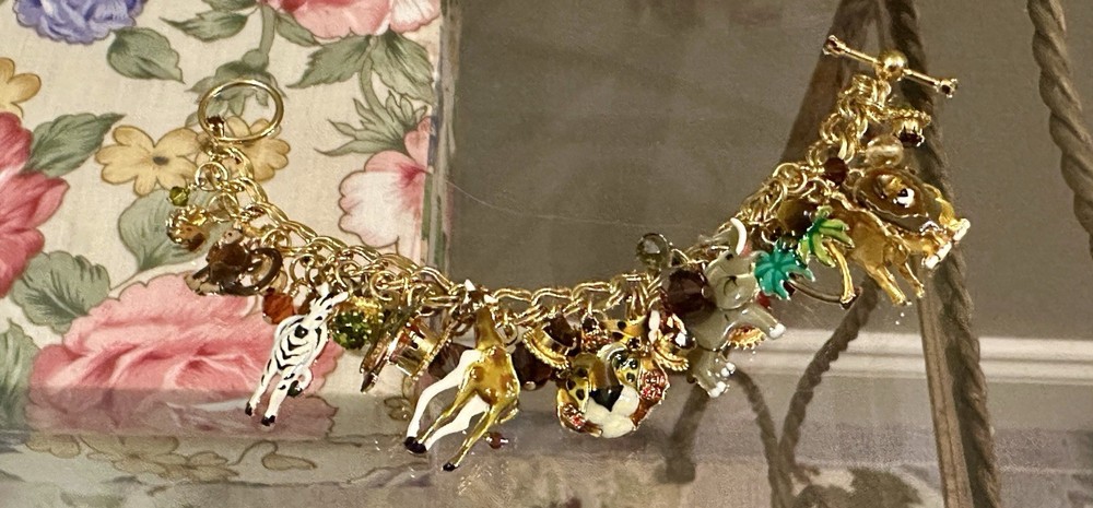 Vintage Lunch at The Ritz Gold Tone Zoo Charm Bracelet Zebras Giraffes Monkeys