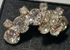 Vintage clear rhinestone crystal cluster half moon shaped brooch pin