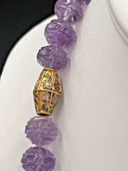 Vtg Chinese Carved Amethyst Bead & Gold Cloisonne Necklace, 168 grams, 30″ Long