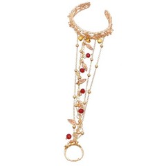 Gold Tone Vintage Cuff Bracelet with Ring Red Beads Chain Bell Gift for Women
