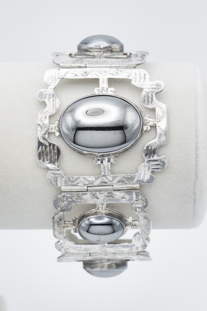 Vintage Mexican Sterling Silver Hematite Panel Link Statement Bracelet 925 53 gr