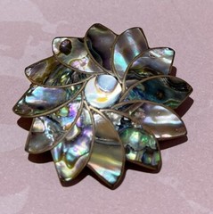 Vintage Brass JNS Taxco Mexico Sterling Silver Abalone Flower Brooch Pin Pendant
