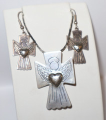 Vintage Carolyn Pollack Silver Designer Cross with Heart Angel and Earrings Set