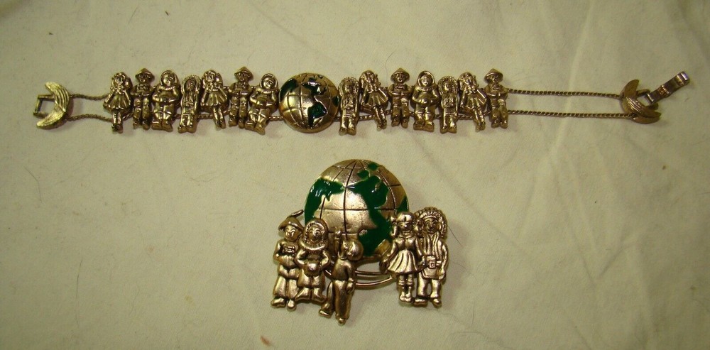 Vtg Children of the World Brass Slide Bracelet Green Enamel Globe Brooch Pin Set