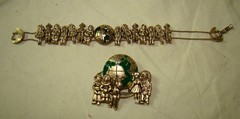 Vtg Children of the World Brass Slide Bracelet Green Enamel Globe Brooch Pin Set