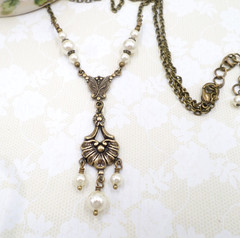 Victorian Pearl Necklace: Antique Brass Romantic Floral Handmade Vintage Jewelry