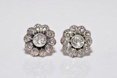 Antique Circa 1900s 14k Gold Top Silver Natural Rose Cut Diamond Earring