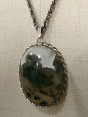 Vtg 1970s Oval Pendant Cabochon Necklace Grey Green Clear Agate? Large Groovy