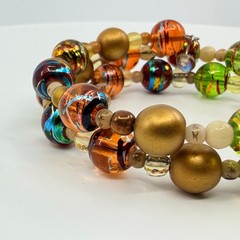 Vintage Gold Tone Lampwork Art Glass Beaded Coil Wrap Bracelet Chunky Boho 90s