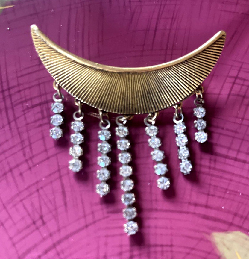 Vintage Crescent Moon Rhinestone Dangle Gold Tone Brooch Art Deco Look