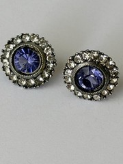 Vintage Purple Rhinestone Halo Stud Earrings, Silver Tone Round Faceted Crystal