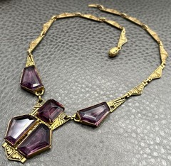 Vintage Art Deco Faux Amethyst Glass Gold Tone Ornate Chain Statement Necklace