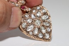 Antique Circa 1900s 12k Gold Natural Rose Cut Diamond Heart Pendant Necklace