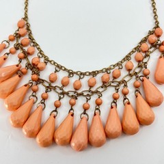 Vintage Retro Peach Teardrop Bib Necklace Antique Gold Tone Statement Jewelry