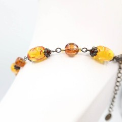 Faux Amber Bead & Antiqued Brass Choker Fashion Necklace 19″ Unsigned