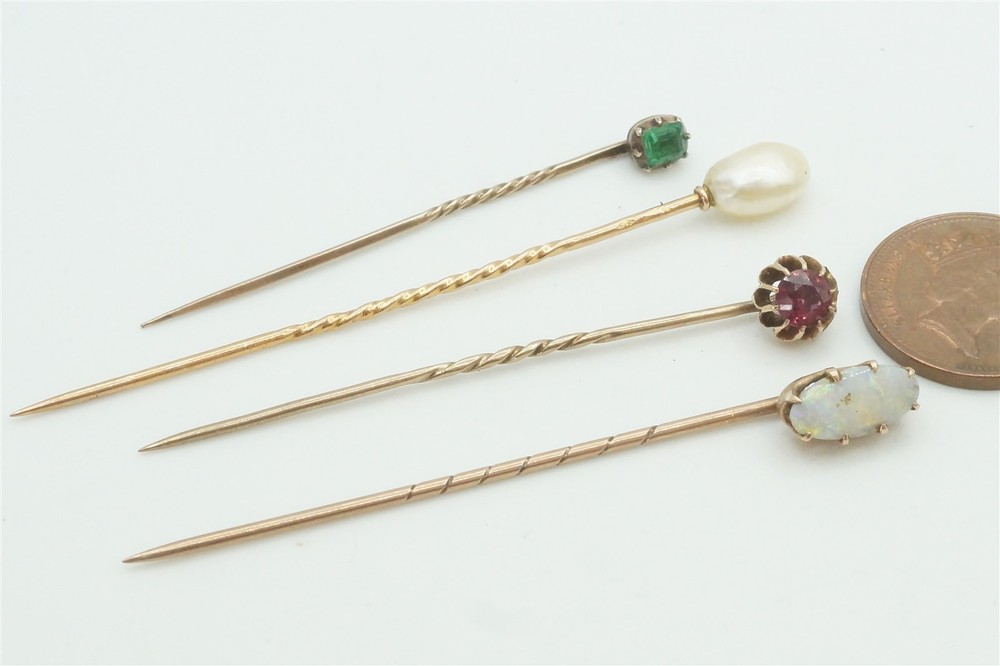 4 ANTIQUE VICTORIAN / GEORGIAN ENGLISH GOLD & GEMSTONE STICKPINS NATURAL PEARL