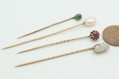 4 ANTIQUE VICTORIAN / GEORGIAN ENGLISH GOLD & GEMSTONE STICKPINS NATURAL PEARL