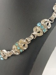 ART DECO REVIVAL Rhodium Plated Panels Clear & Aqua Blue Stones Choker Necklace