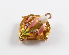 14k Gold Krementz Enamel Diamond Pearl Brooch Watch Pin Pendant