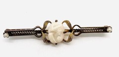 Long Art Deco Carved Shell Cameo Brooch Filigree Gold Filled Antique Jewelry
