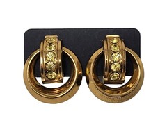 Signed CORO Gold Tone Yellow Rhinestone Screw-back Earrings Vintage Round Circle