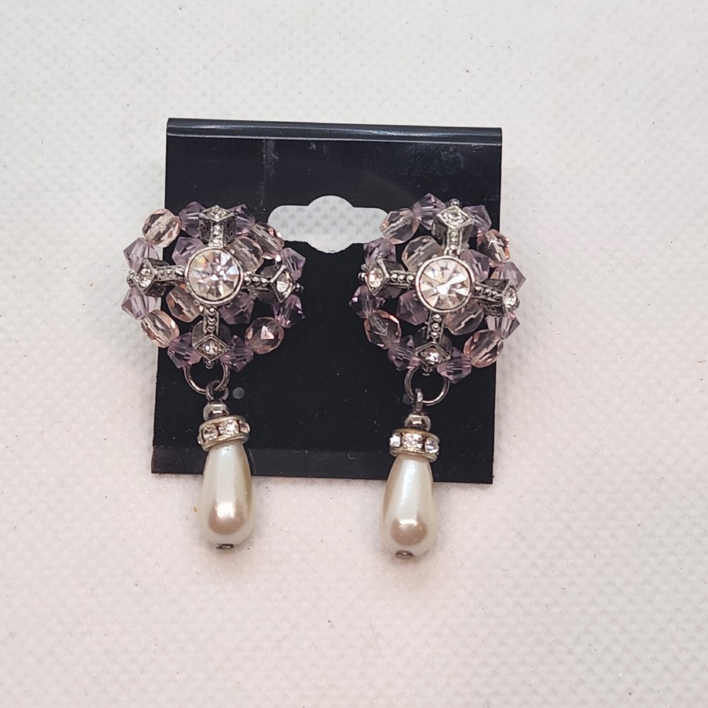 Purple Beadwork Rhinestone And Faux Pearl Dangle Earrings