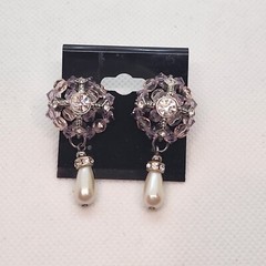 Purple Beadwork Rhinestone And Faux Pearl Dangle Earrings