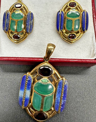 Egyptian Revival Scarab Beetle Set Vintage Jewelry Lapis, Garnets. Stamped BBJ