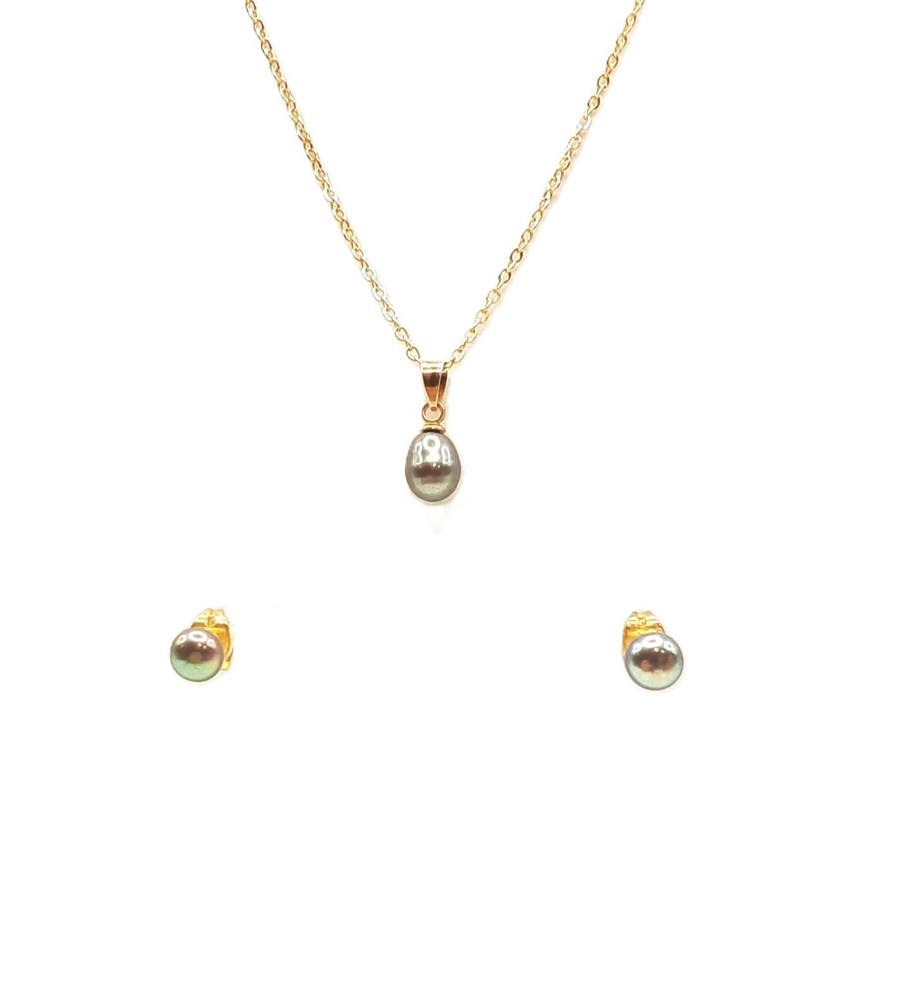 Vntg Faux Black Pearl Necklace & Post Earring Set 80’s, 18KGP, gift for her