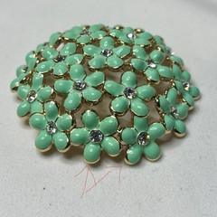 Vintage Mint Green Enamel And Rhinestone Flower Cluster Brooch 1960s