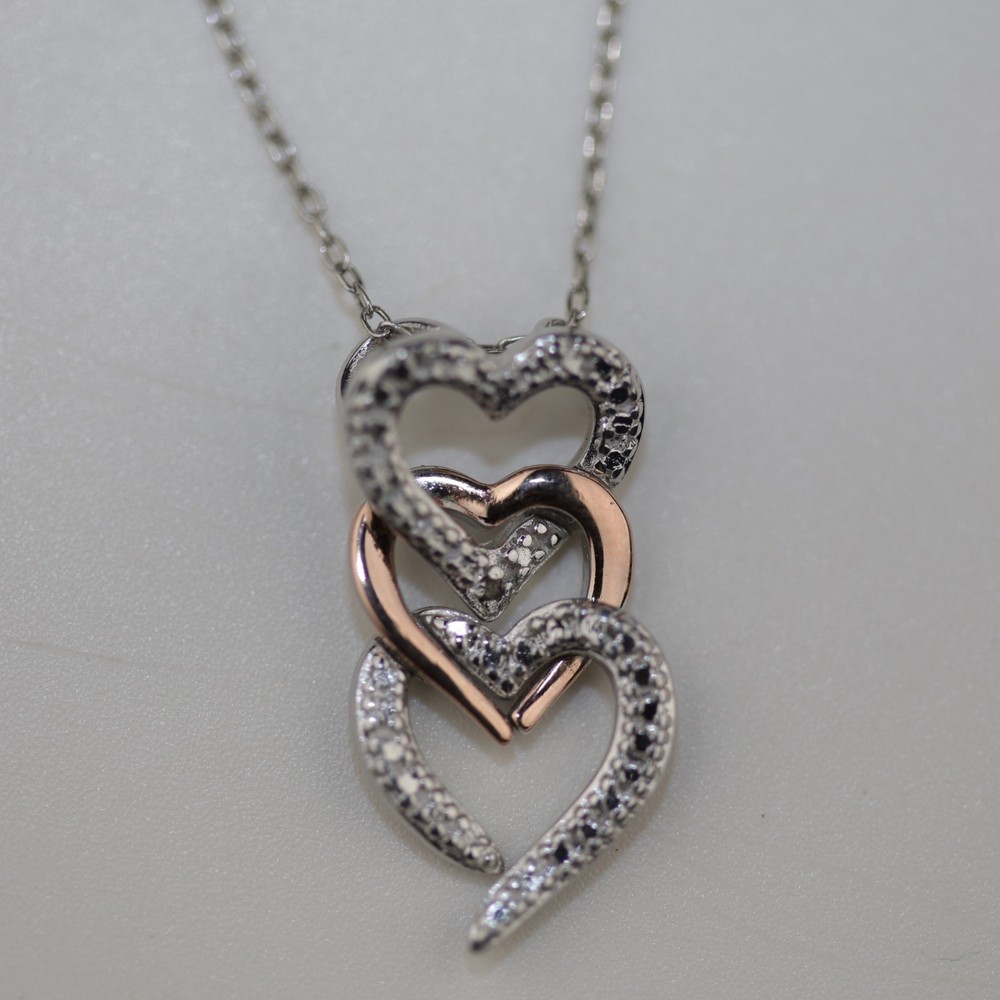 Triple Open Hearts Pendant Necklace with Gemstones Sterling Silver